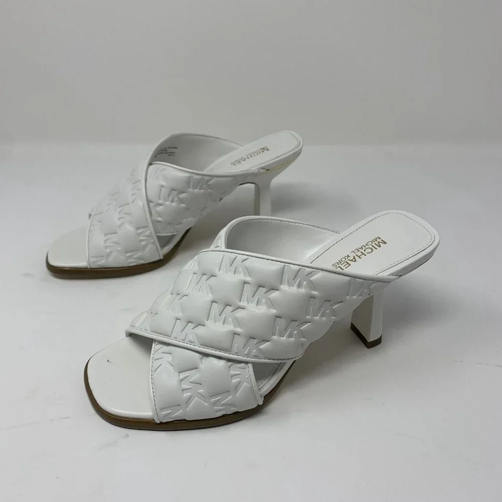 Michael Kors Gideon Mule Sandals Women's 5 M White EMB Faux Leather Heeled S0593